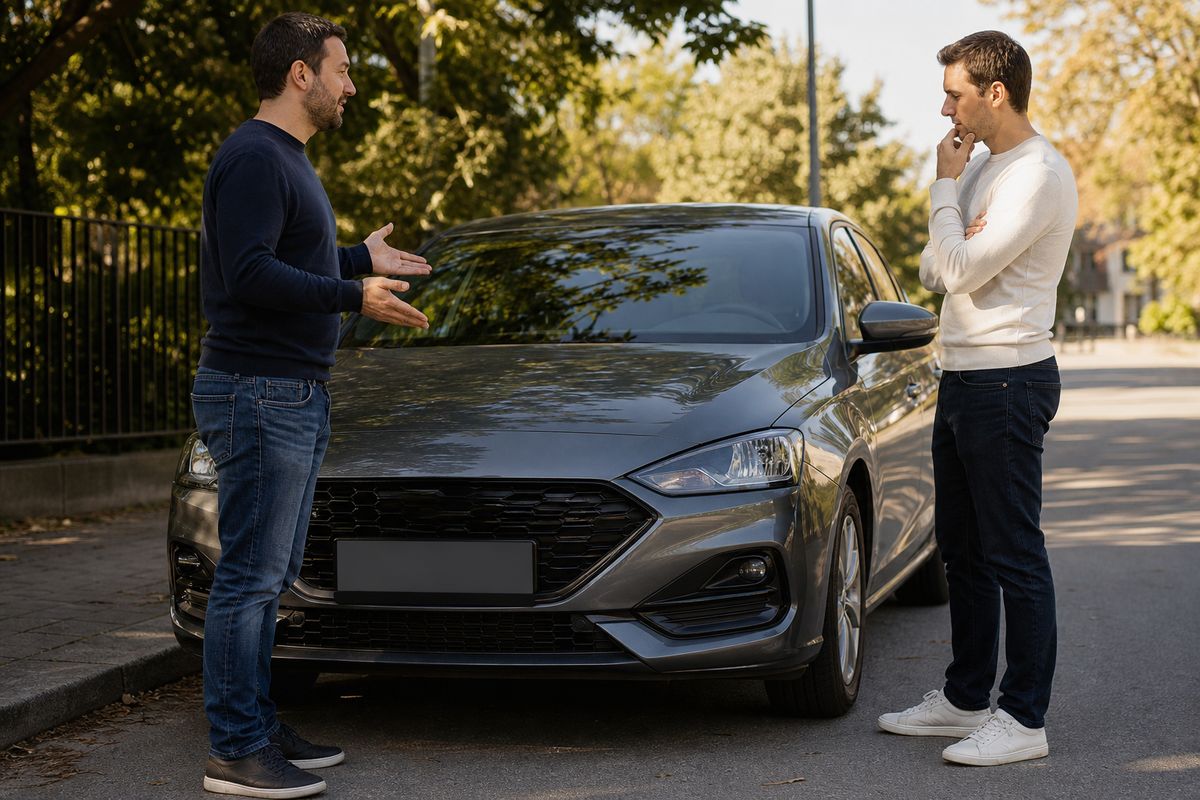 Продавец и покупатель обсуждают цену автомобиля перед сделкой