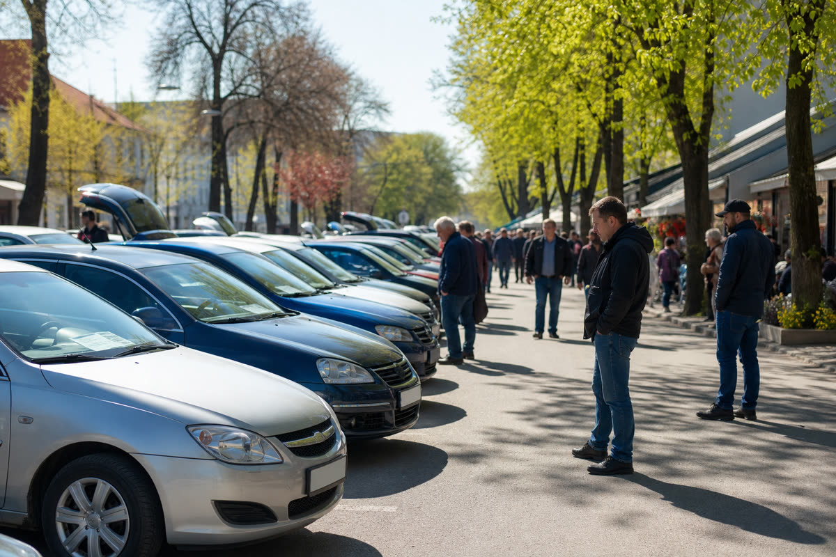 Ряд автомобилей с объявлениями о продаже на весенней площадке в солнечный день