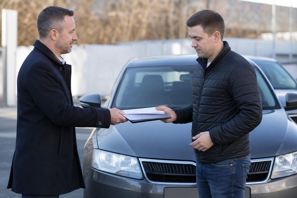 Продавец показывает покупателю документы на автомобиль при осмотре